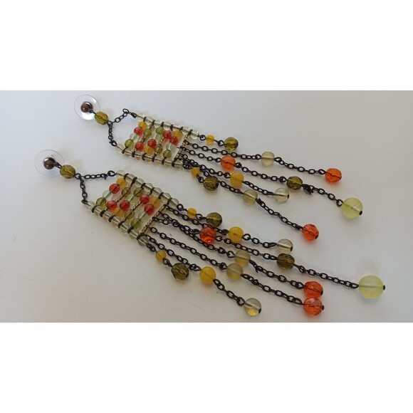 Green & Orange Glass Boho Chandelier Earrings 6 inch Shoulder Sweepers - Picture 7 of 9
